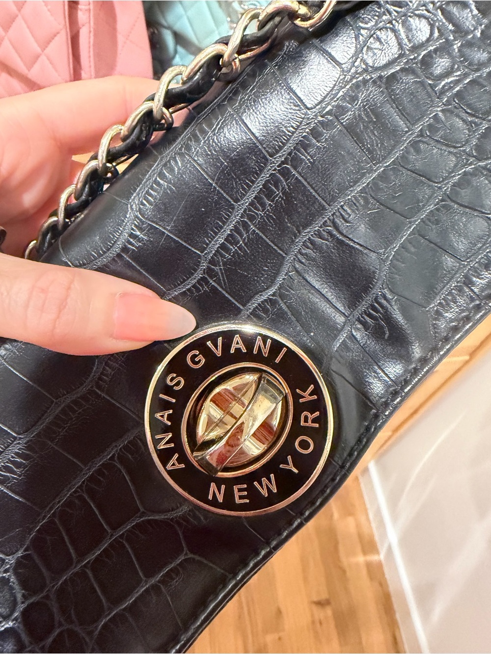 Black Croc-Embossed Shoulder Bag